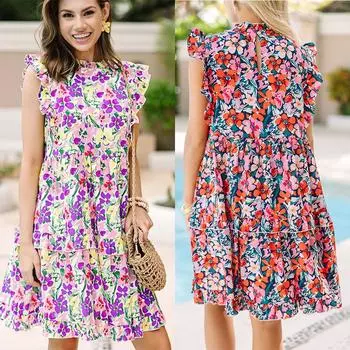 Женское весеннее платье без рукавов с цветочным принтом, летнее повседневное свободное платье длиной выше колена с высокой талией и воротником-грибком, оборками, платье-торт S фиолетовый