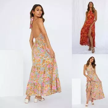 Женское весеннее платье без рукавов с цветочным принтом и висячим вырезом, весеннее повседневное платье А-силуэта длиной до щиколотки с высокой талией и разрезом, сексуальное платье на бретелях S красный