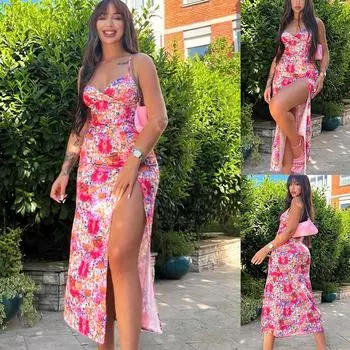 Женское весеннее платье без рукавов с цветочным принтом и V-образным вырезом на подтяжках, летнее повседневное облегающее платье длиной до щиколотки с открытой спиной и высокой талией, с разрезом S розовый
