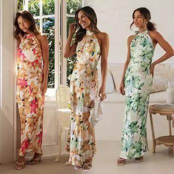 Женское весеннее платье без рукавов с цветочным принтом, летнее повседневное платье А-силуэта с открытой спиной и высокой талией, длинное платье со шнуровкой, размер S-XL XL зелёный