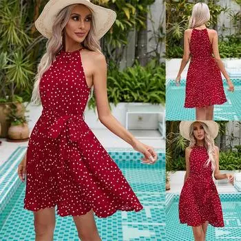 Женское весеннее платье без рукавов в горошек с бретельками через шею, летнее повседневное платье А-силуэта с высокой талией выше колена, короткие платья со шнуровкой и плиссировкой S вино красного