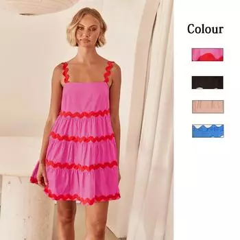 Женское весеннее платье без рукавов в стиле пэчворк с одним воротником на подтяжках, летнее повседневное платье А-силуэта с открытой спиной и высокой талией, свободные короткие платья S-XL S чёрный