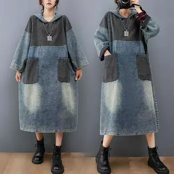 Женское весеннее платье больших размеров 2023 Джинсовое платье с длинным рукавом Длинное платье Свободное платье Синие базовые платья L синий