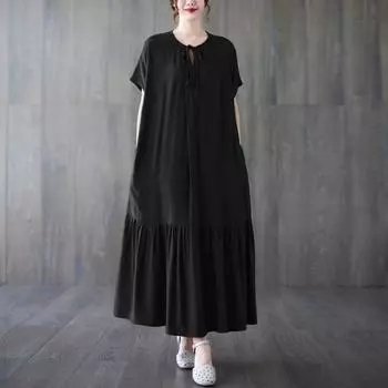 Женское весеннее платье Johnature с круглым вырезом, свободное повседневное платье трапециевидной формы в китайском стиле, однотонное повседневное платье One Size