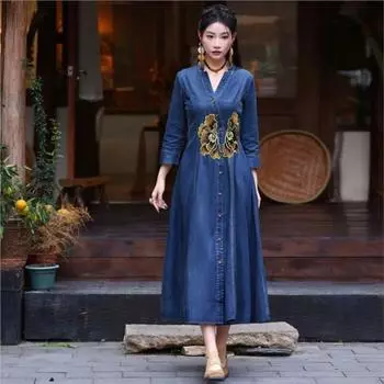 Женское весеннее платье Johnature в китайском стиле, винтажное платье с v-образным вырезом и вышивкой, однобортное хлопковое платье с длинными рукавами M синий