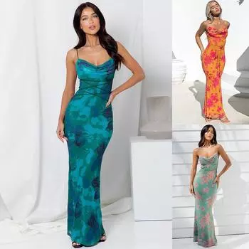 Женское весеннее платье-комбинация без рукавов с принтом и бретелек, летнее повседневное облегающее платье-карандаш длиной до щиколотки с открытой спиной и высокой талией, с разрезом S зелёный