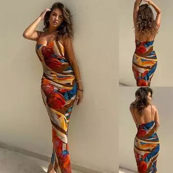 Женское весеннее платье-комбинезон без рукавов с принтом и без бретелек, летнее повседневное облегающее платье длиной до щиколотки с открытой спиной и высокой талией, с разрезом S