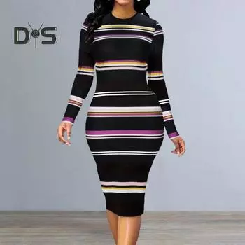 Женское весеннее платье контрастного цвета в полоску с круглым вырезом, длинным рукавом, облегающее, эластичное, трикотажное, длиной до середины икры, элегантное платье-миди для поездок на работу M чёрный