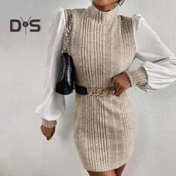 Женское весеннее платье, облегающее лоскутное платье с высоким воротником в рубчик и длинными рукавами контрастного цвета, обтягивающее мини-платье с талией выше колена M бежевый