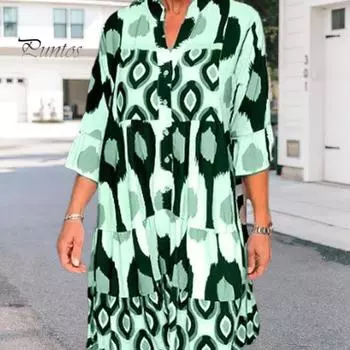 Женское весеннее платье Rotro с принтом, свободное платье трапециевидной формы с v-образным вырезом, полуоднобортное платье с длинными рукавами и карманами, осеннее платье миди L кофейный