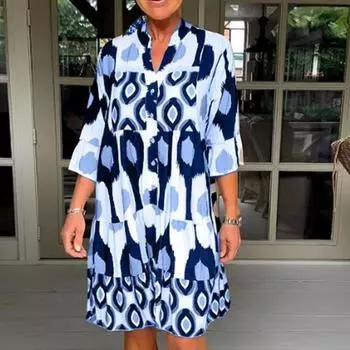 Женское весеннее платье Rotro с принтом, свободное платье трапециевидной формы с v-образным вырезом, полуоднобортное платье с длинными рукавами и карманами, осеннее платье миди 3XL кофейный