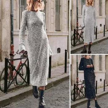 Женское весеннее платье с блестками и круглым вырезом, с длинным рукавом, свободное платье миди с открытой спиной, женское осеннее платье для выпускного вечера, вечеринки, свидания S серебряный