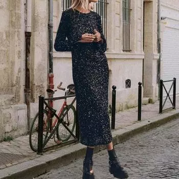 Женское весеннее платье с блестками и круглым вырезом, с длинным рукавом, свободное платье миди с открытой спиной, женское осеннее платье для выпускного вечера, вечеринки, свидания S серебряный