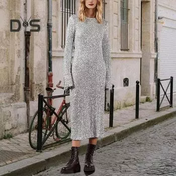 Женское весеннее платье с блестками и круглым вырезом, с длинным рукавом, свободное платье миди с открытой спиной, женское осеннее платье для выпускного вечера, вечеринки, свидания S серебряный