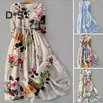 Женское весеннее платье с цветочным принтом, со средним рукавом, с отворотом, V-образным вырезом, на шнуровке, с высокой талией, трапециевидной формы, полуоднобортное богемное плиссированное платье миди 2XL светло-синий