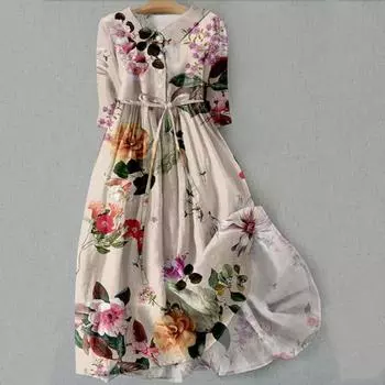 Женское весеннее платье с цветочным принтом, со средним рукавом, с отворотом, V-образным вырезом, на шнуровке, с высокой талией, трапециевидной формы, полуоднобортное богемное плиссированное платье миди XL