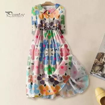 Женское весеннее платье с цветочным принтом, со средним рукавом, с отворотом, V-образным вырезом, на шнуровке, с высокой талией, трапециевидной формы, полуоднобортное богемное плиссированное платье миди XL красный