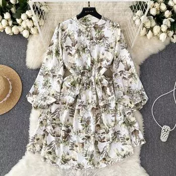 Женское весеннее платье с цветочным принтом и пышными рукавами, элегантные осенние платья миди в стиле ретро One Size