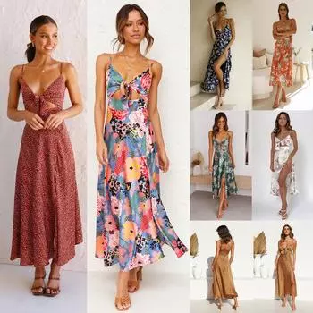 Женское весеннее платье с цветочным принтом без рукавов, облегающее, на подтяжках, летнее повседневное платье А-силуэта с V-образным вырезом, открытой спиной, высокой талией, без бретелек, длинные платья S-XL S зелёный