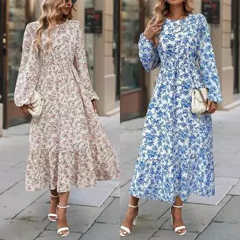 Женское весеннее платье с длинным рукавом и цветочным принтом, О-образным вырезом, летнее повседневное платье А-силуэта длиной до щиколотки, эластичное, с высокой талией, свободное платье S небесно-голубой
