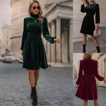 Женское весеннее платье с длинными рукавами-фонариками, однотонным воротником-стойкой, повседневное платье А-силуэта длиной до колена с высокой талией из бархата S чёрный