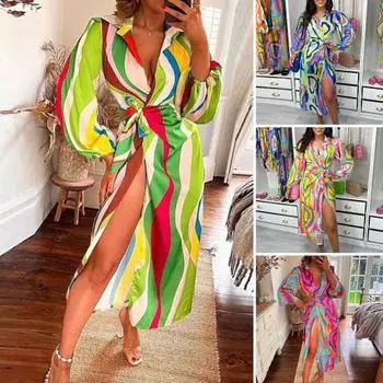 Женское весеннее платье с красочным принтом и низким вырезом, глубоким V-образным вырезом, шнуровкой, высокой талией и длинным рукавом 2XL красный
