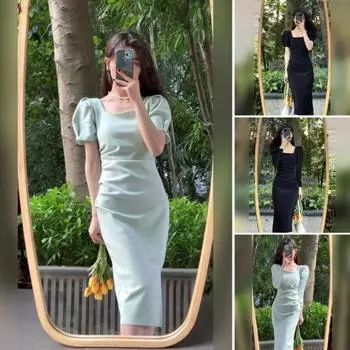 Женское весеннее платье с квадратным вырезом и длинным рукавом, облегающее, с узкой талией, однотонное, с разрезом, в стиле ретро, элегантное женское платье миди XL чёрный