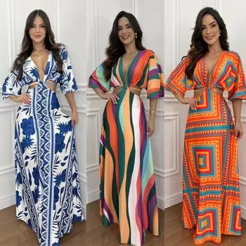 Женское весеннее платье с принтом в виде блока цветов с коротким рукавом «летучая мышь», облегающее длинное, летнее повседневное платье с V-образным вырезом, длиной до щиколотки, с высокой талией, свободного покроя, размер S-XL S оранжевый