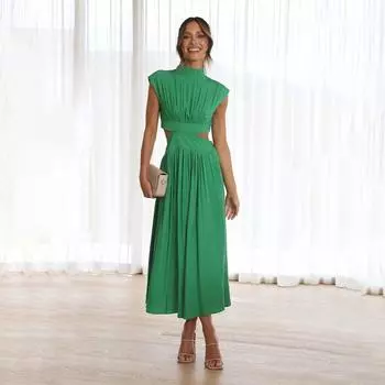 Женское весеннее платье со стоячим воротником, цветное, без рукавов, летнее повседневное платье А-силуэта с высокой талией, длинное платье S-XL S зелёный