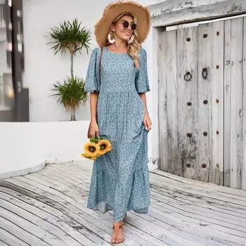 Женское весеннее платье средней длины с длинным рукавом и цветочным принтом, с круглым вырезом, летнее повседневное платье большого размера длиной до щиколотки с высокой талией, свободное платье S светло-синий