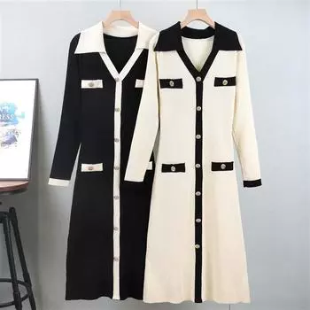 Женское весеннее платье-свитер с длинным рукавом и V-образным вырезом, осенние трикотажные плиссированные платья с пуговицами, трикотажные платья с цветными блоками, облегающие элегантные платья для женщин one size fits all чёрный