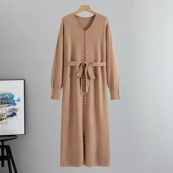Женское весеннее платье-свитер с длинным рукавом и V-образным вырезом, осенние плиссированные платья с пуговицами, трикотажные платья А-силуэта с завязками на талии, облегающие элегантные платья для женщин One Size абрикосовый