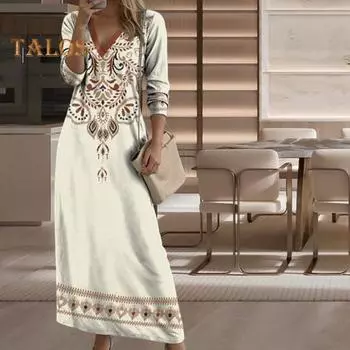 Женское весеннее платье в этническом стиле с принтом, V-образным вырезом и длинными рукавами, богемный свободный пуловер трапециевидной формы, мягкое дышащее платье до щиколотки, повседневное платье макси 2XL белый