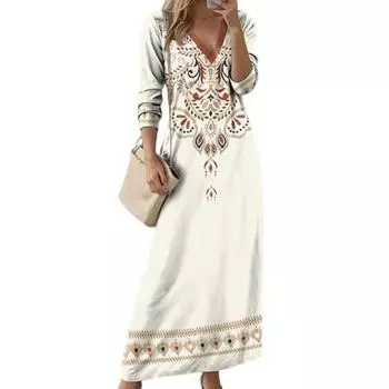 Женское весеннее платье в этническом стиле с принтом, V-образным вырезом и длинными рукавами, богемный свободный пуловер трапециевидной формы, мягкое дышащее платье до щиколотки, повседневное платье макси L белый