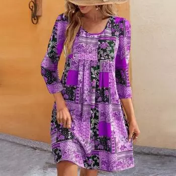 Женское весеннее платье в стиле ретро с этническим принтом, длинным рукавом и круглым вырезом, свободный пуловер, мягкий дышащий женский мини-платье длиной выше колена XL жёлтый