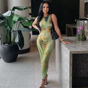 Женское весеннее платье-жилет без рукавов с принтом и круглым вырезом, летнее повседневное облегающее платье-карандаш длиной до щиколотки с высокой талией и разрезом, размеры S-XL S зелёный