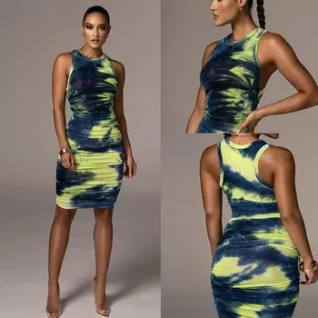Женское весеннее платье-жилет без рукавов с принтом, летнее повседневное облегающее платье-карандаш длиной до колена с высокой талией, размеры S-XL S зелёный