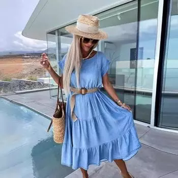 Женское весеннее плиссированное однотонное платье с круглым вырезом и короткими рукавами-бабочками длиной до колена с высокой талией S синий