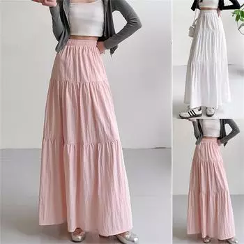 Женское весеннее повседневное макси-платье с оборками, однотонная юбка, ретро-юбка в складку One Size розовый