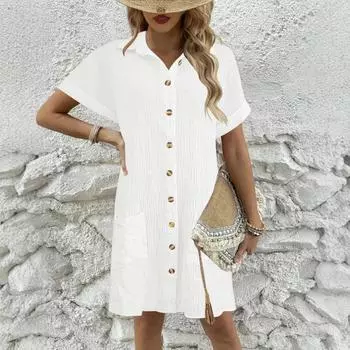 Женское весеннее простое однотонное повседневное модное платье-рубашка с лацканами и пуговицами S чёрный