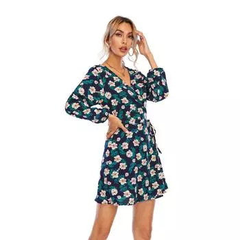 Женское весеннее шифоновое платье с цветочным принтом и высокой талией, V-образным вырезом и длинными рукавами, короткое платье S-XXL S красный
