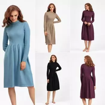Женское весеннее шикарное однотонное вязаное платье-свитер с длинным рукавом и половиной высокого воротника, женский темперамент, черный, синий, хаки, абрикос, фуксия One Size чёрный