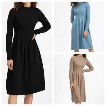 Женское весеннее шикарное однотонное вязаное платье-свитер с длинным рукавом и половиной высокого воротника, женский темперамент, черный, синий, хаки, абрикос, фуксия One Size чёрный