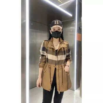 Женское весеннее свободное пальто в полоску со стойкой средней длины Camel color S