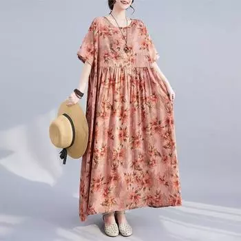 Женское весеннее свободное платье Johnature с короткими рукавами в китайском стиле, повседневное платье в винтажном стиле с принтом и круглым вырезом One Size розовый