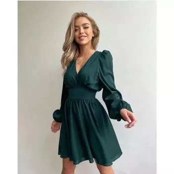 Женское весеннее темпераментное платье с V-образным вырезом и длинными рукавами, модное повседневное платье с высокой талией S чёрный