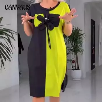 Женское весеннее трендовое платье с клетчатым принтом и круглым вырезом, короткими рукавами, позиционирующее личность S зелёный/жёлтый