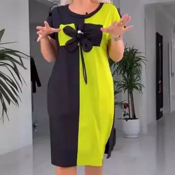 Женское весеннее трендовое платье с клетчатым принтом и круглым вырезом, короткими рукавами, позиционирующее личность S зелёный/жёлтый