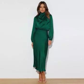 Женское весеннее вечернее платье с длинным рукавом-фонариком, элегантное длинное платье трапециевидной формы с бретелькой на шее и высокой талией, сплошной цвет S темно-зеленого