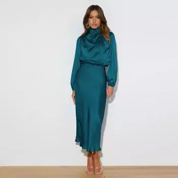 Женское весеннее вечернее платье с длинным рукавом-фонариком, элегантное длинное платье трапециевидной формы с бретелькой на шее и высокой талией, сплошной цвет XL